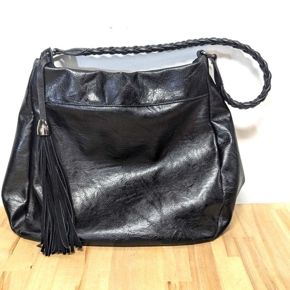Antik Kraft Black Vegan Leather Hobo Handbag with Tassel Oversized Shopper